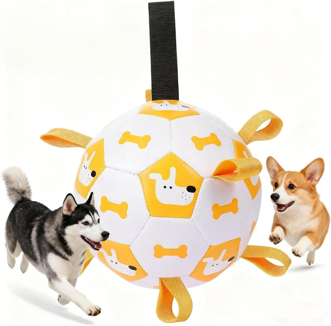 Interactive Dog Soccer Ball with Tug Straps (Mango Yellow, M)