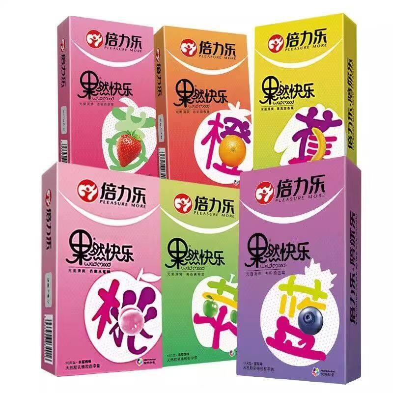 倍力乐果然快乐六种水果味超薄滑安全套，避孕套，苹果味+橙子味+草莓味+香蕉味+蓝莓味+水蜜桃味，10只/盒