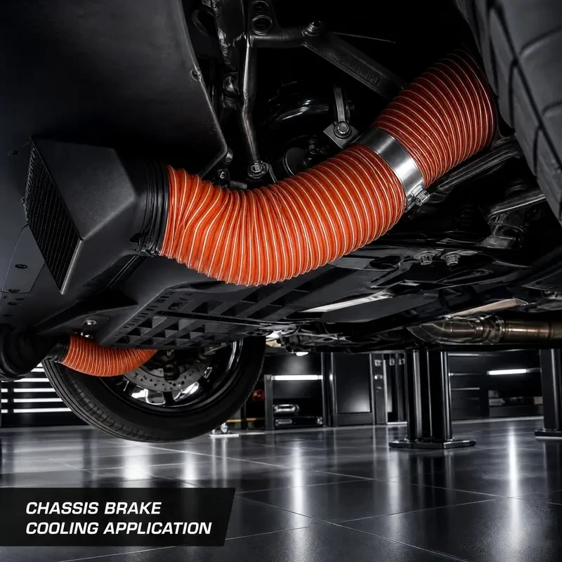Silicone duct hose installed under a vehicle chassis for brake cooling