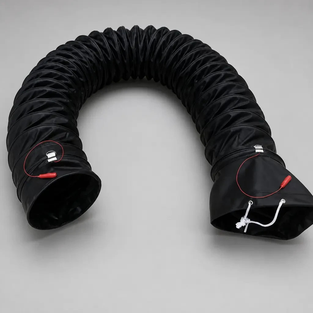 Both ends of an anti-static flexible duct showing grounding leads and clamp points