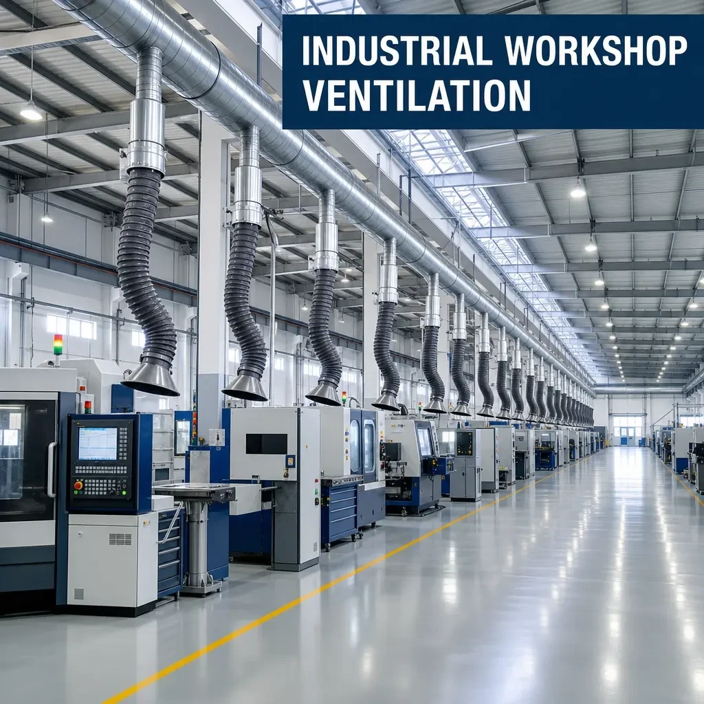 Industrial workshop ventilation with ceiling-mounted articulated fume extraction arms above a row of CNC machines