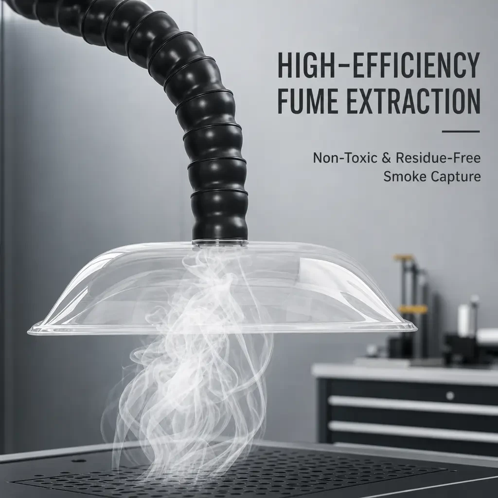 Clear dome hood on an articulated fume extraction arm capturing smoke at the source on a soldering bench