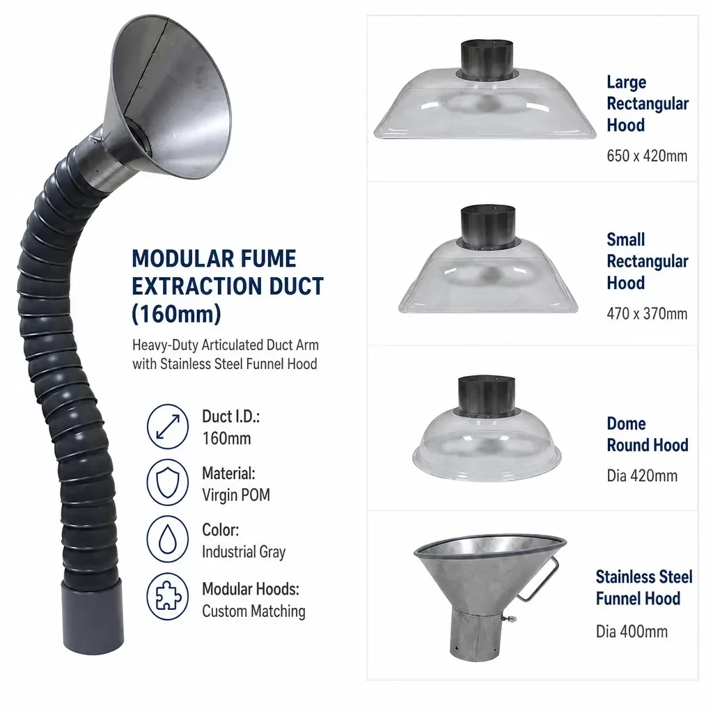 Ecoosi modular fume extraction duct with 160 mm inner diameter and interchangeable hoods: large rectangular, small rectangular, dome round and stainless steel funnel hood
