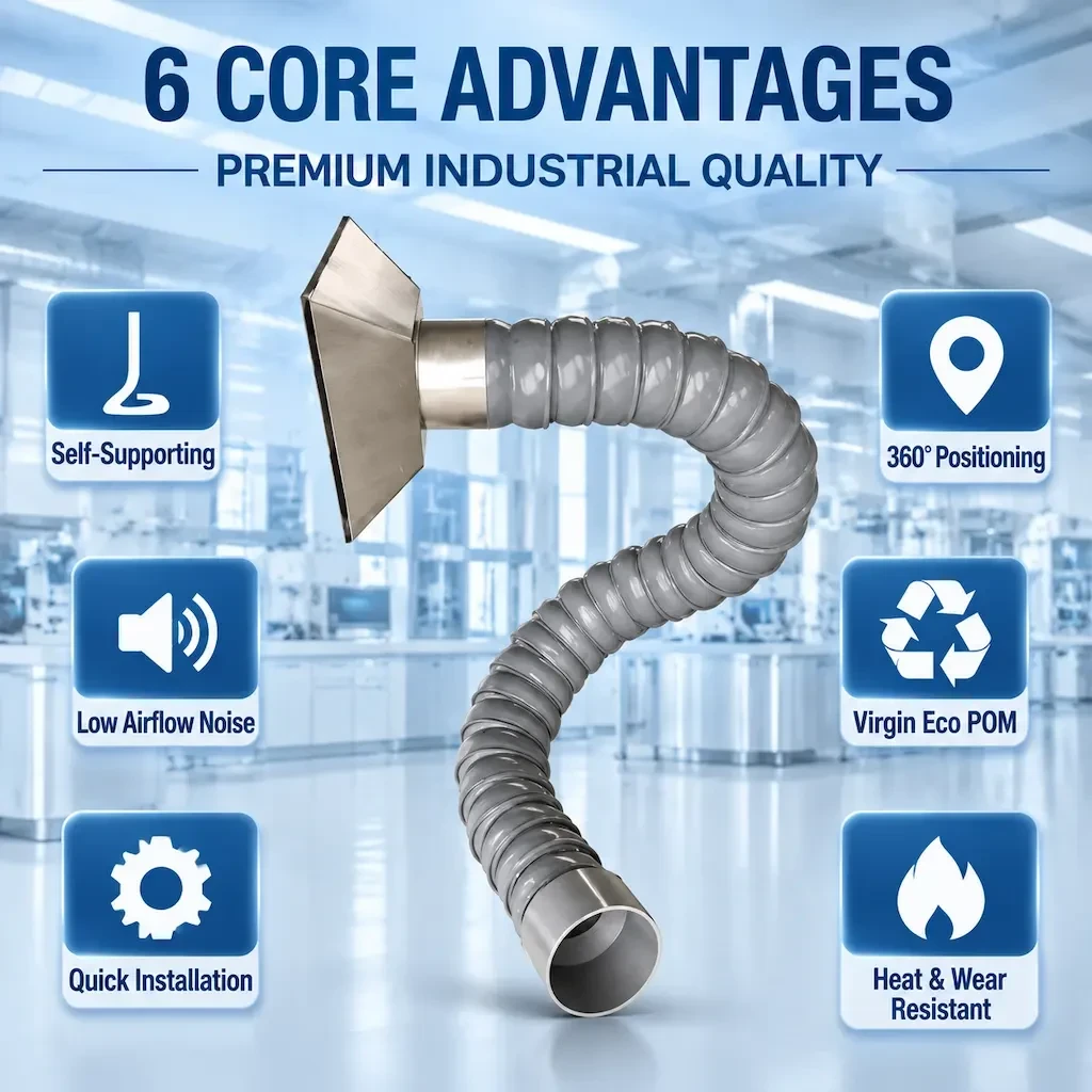 Ecoosi articulated fume extraction duct arm showing six core advantages: self-supporting, 360 degree positioning, low airflow noise, virgin eco POM, quick installation, heat and wear resistant