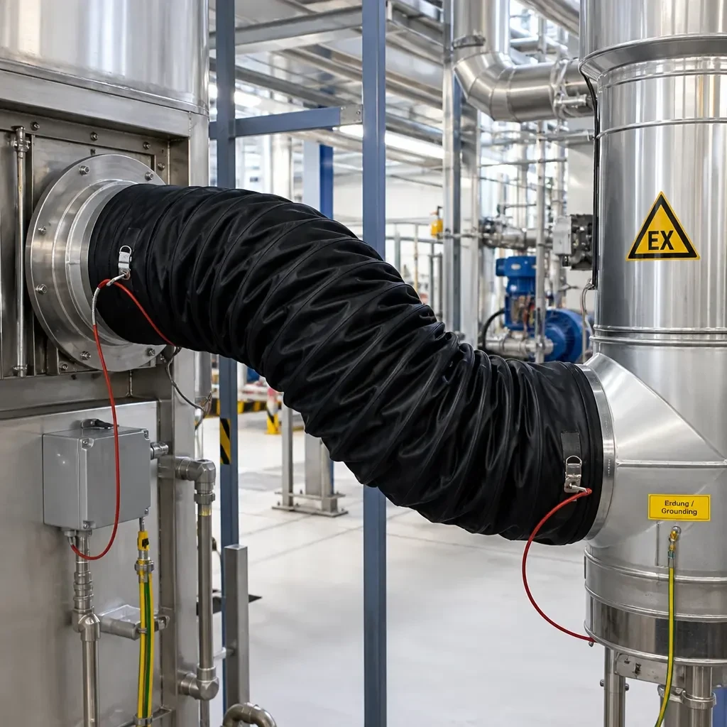 Anti-static flexible duct installed between a process vessel and ducting with a grounding cable in a petrochemical plant
