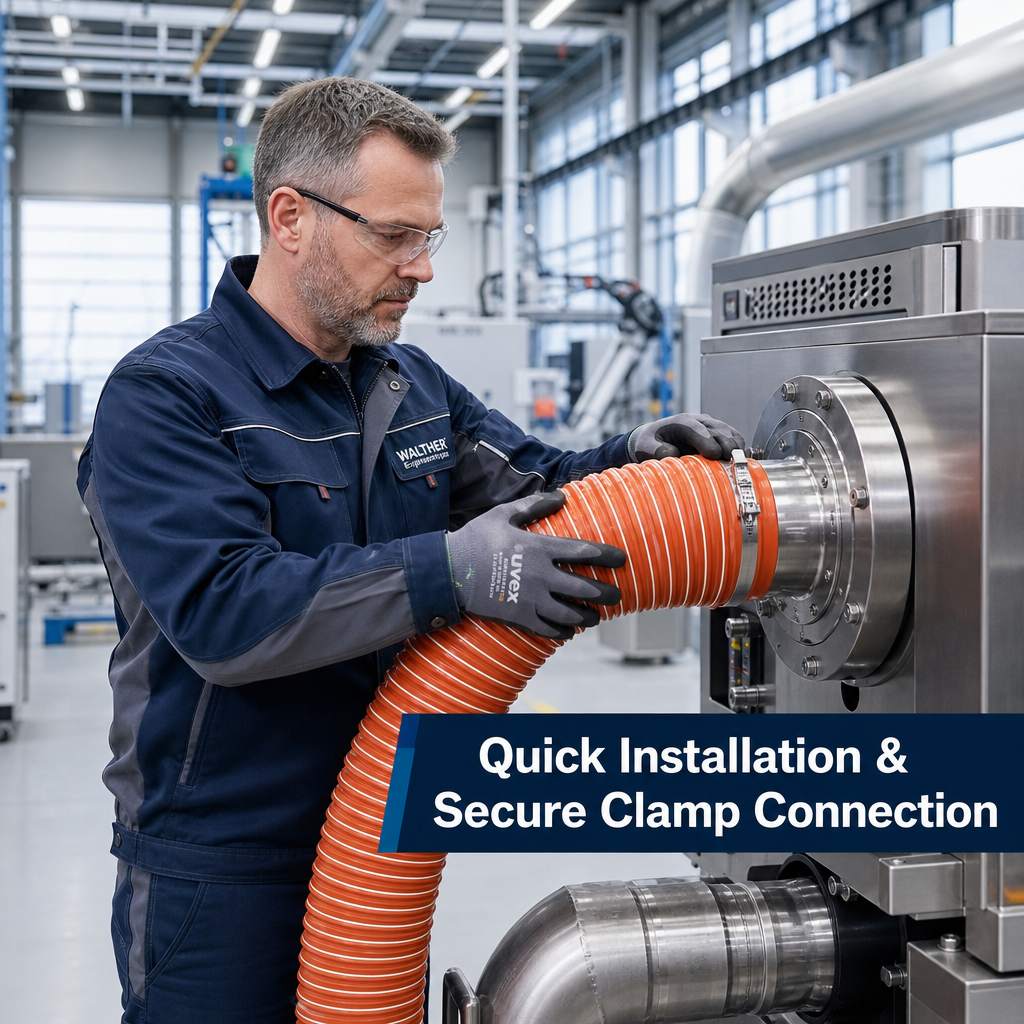 Technician installing Ecoosi EISD silicone ducting onto industrial equipment with a secure clamp connection