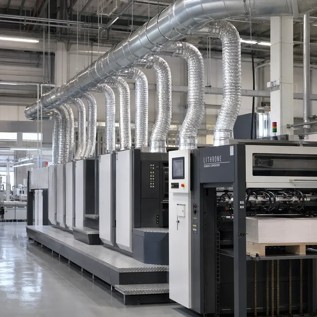 Eight flexible aluminum foil ducts connecting printing press units to a galvanized exhaust header