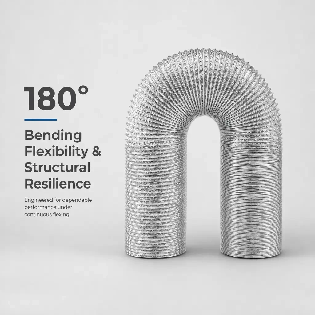 Four-layer aluminum foil flexible duct bent through 180 degrees to show bending flexibility