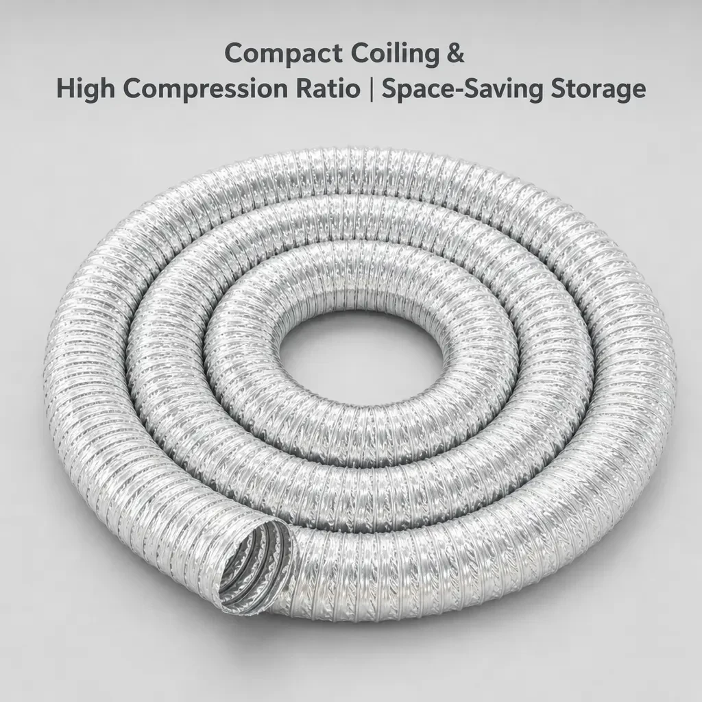 Double-layer aluminum foil flexible duct coiled flat for compact storage and transport
