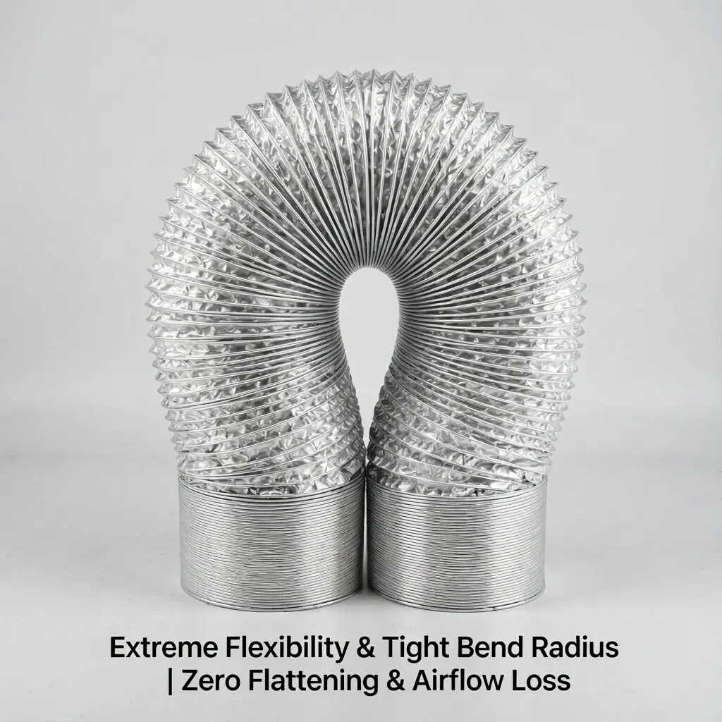 Aluminum foil flexible duct formed into a tight S curve showing bend radius and airflow retention