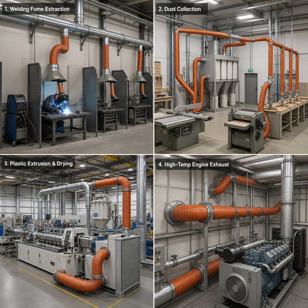 Four industrial applications of Ecoosi EISD silicone ducting: welding fume extraction, dust collection, plastic extrusion and drying, and high-temperature engine exhaust