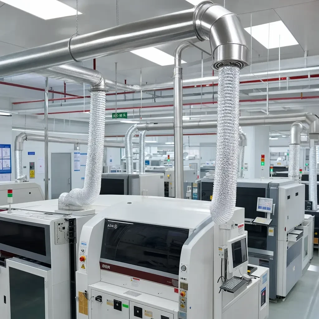 Aluminum foil flexible ducts connecting SMT machines to a stainless steel exhaust header in an electronics cleanroom