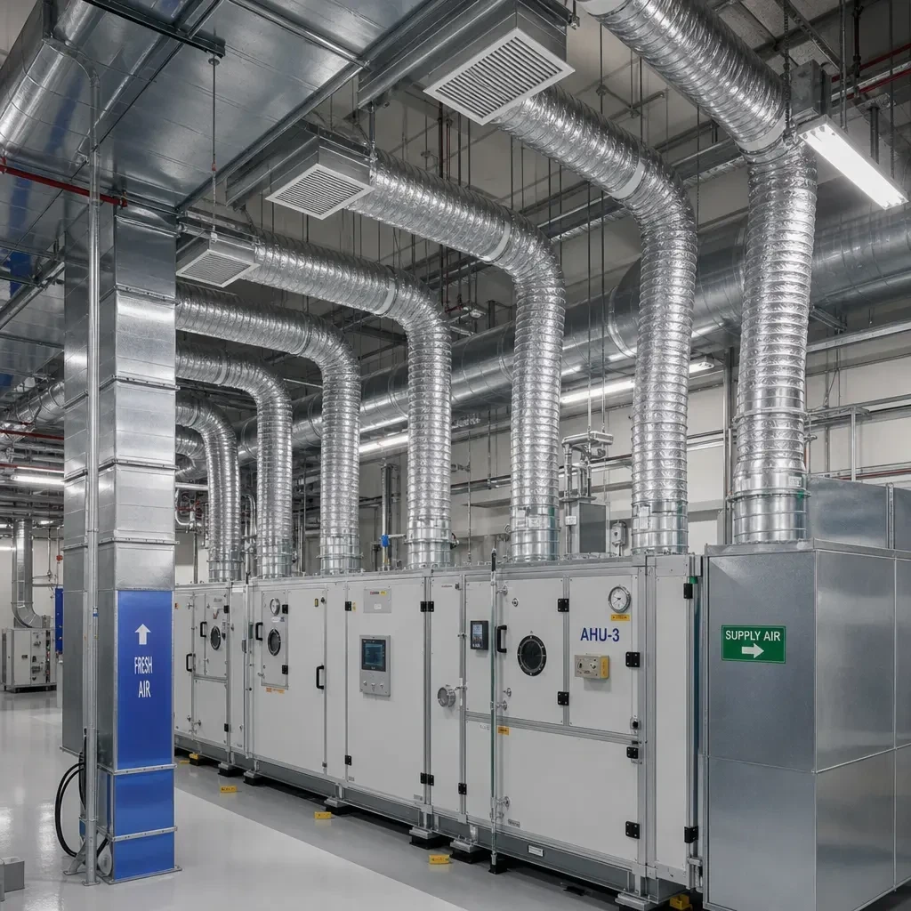 Aluminum foil flexible ducts rising from air handling units AHU-3 to ceiling diffusers in a plant room