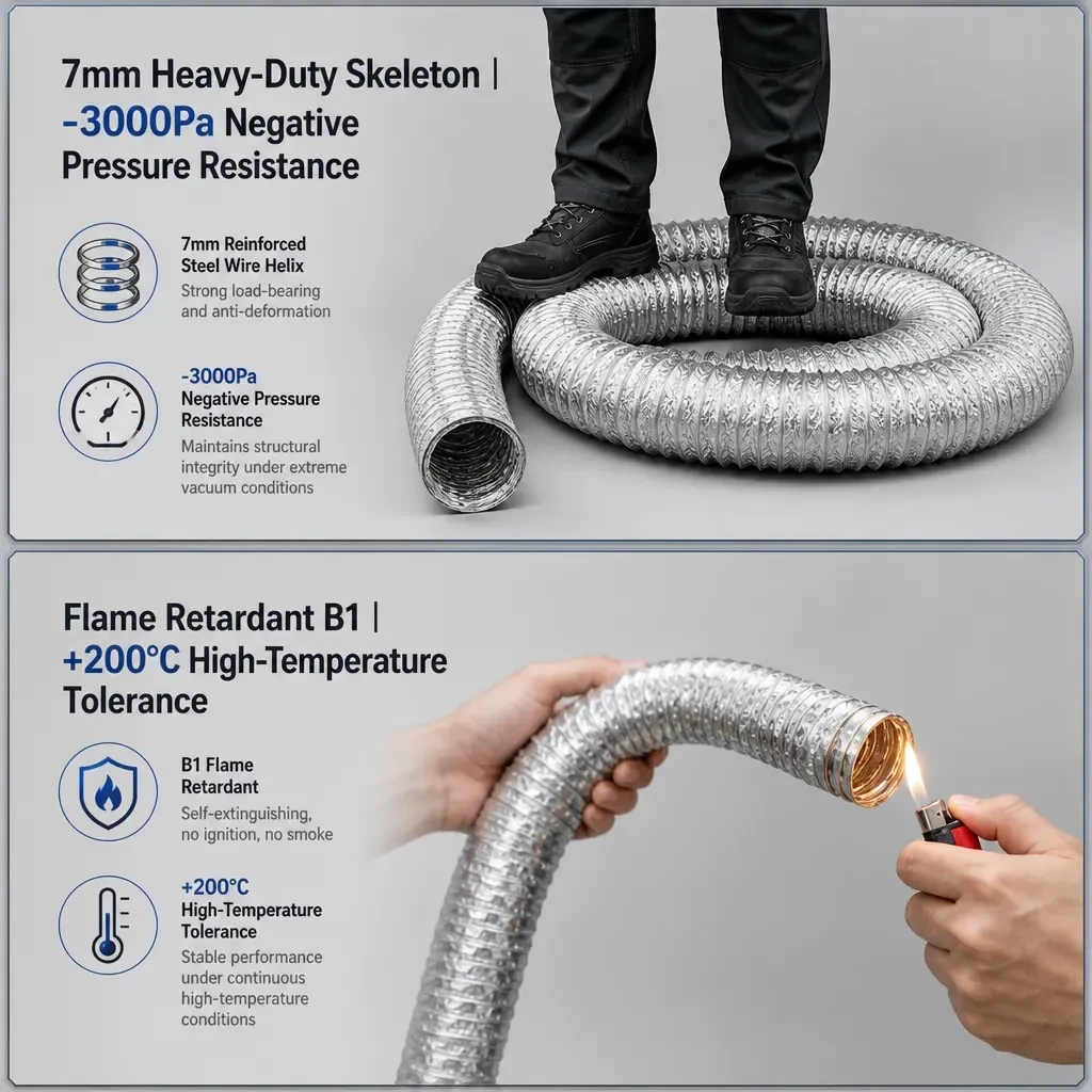 Double-layer aluminum foil duct tested for 3000 Pa negative pressure and B1 flame retardant 200 degree heat tolerance