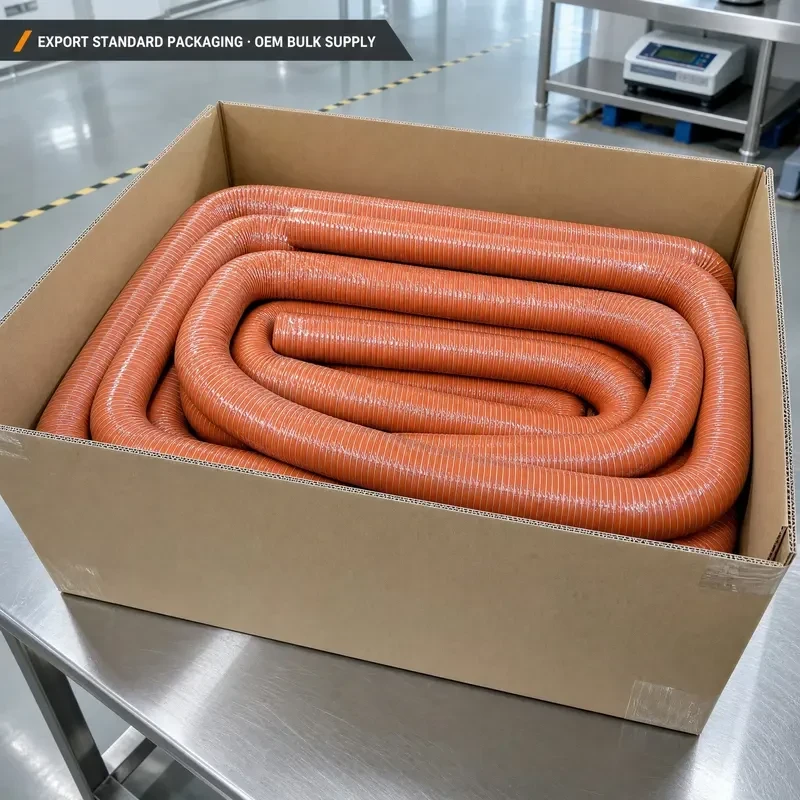 Coiled single layer silicone duct hoses packed in an export carton for OEM bulk supply
