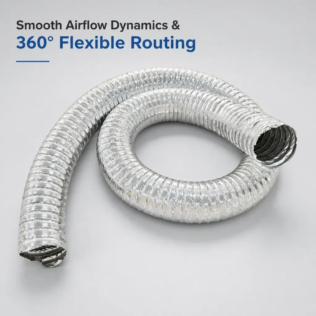 Double-layer aluminum foil flexible duct coiled into a full loop showing 360 degree flexible routing