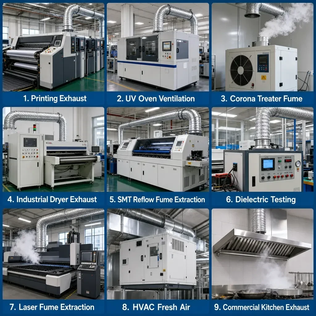 Nine industrial applications of aluminum foil flexible duct: printing, UV oven, corona treater, dryer, SMT reflow, dielectric testing, laser fume, HVAC fresh air and kitchen exhaust