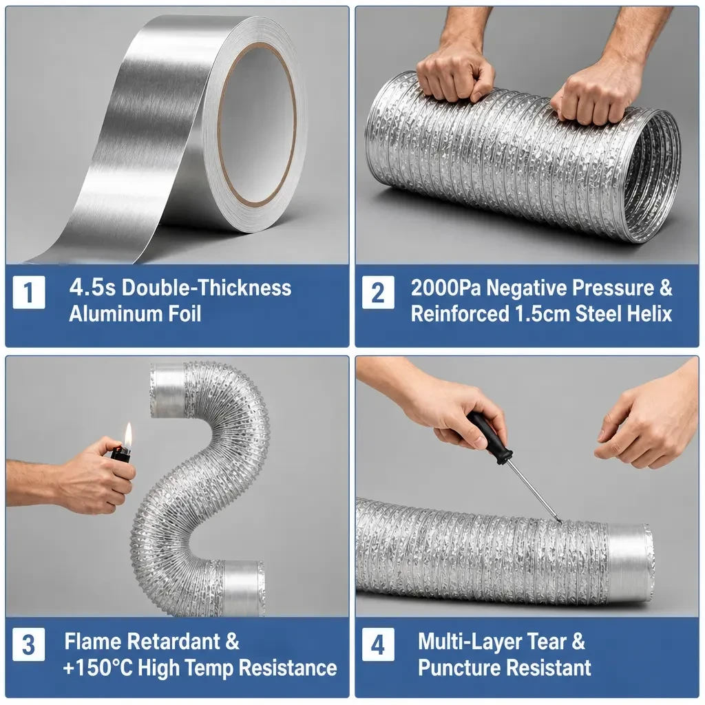 Four-layer aluminum foil duct features: 4.5s foil, 1.5 cm steel helix, flame retardant and tear resistant wall