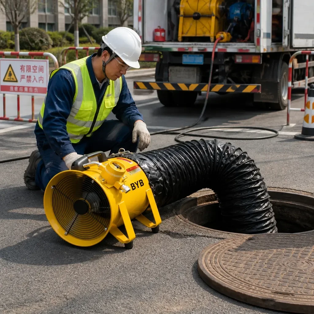 Portable blower connected to an anti-static flexible duct for confined space entry ventilation