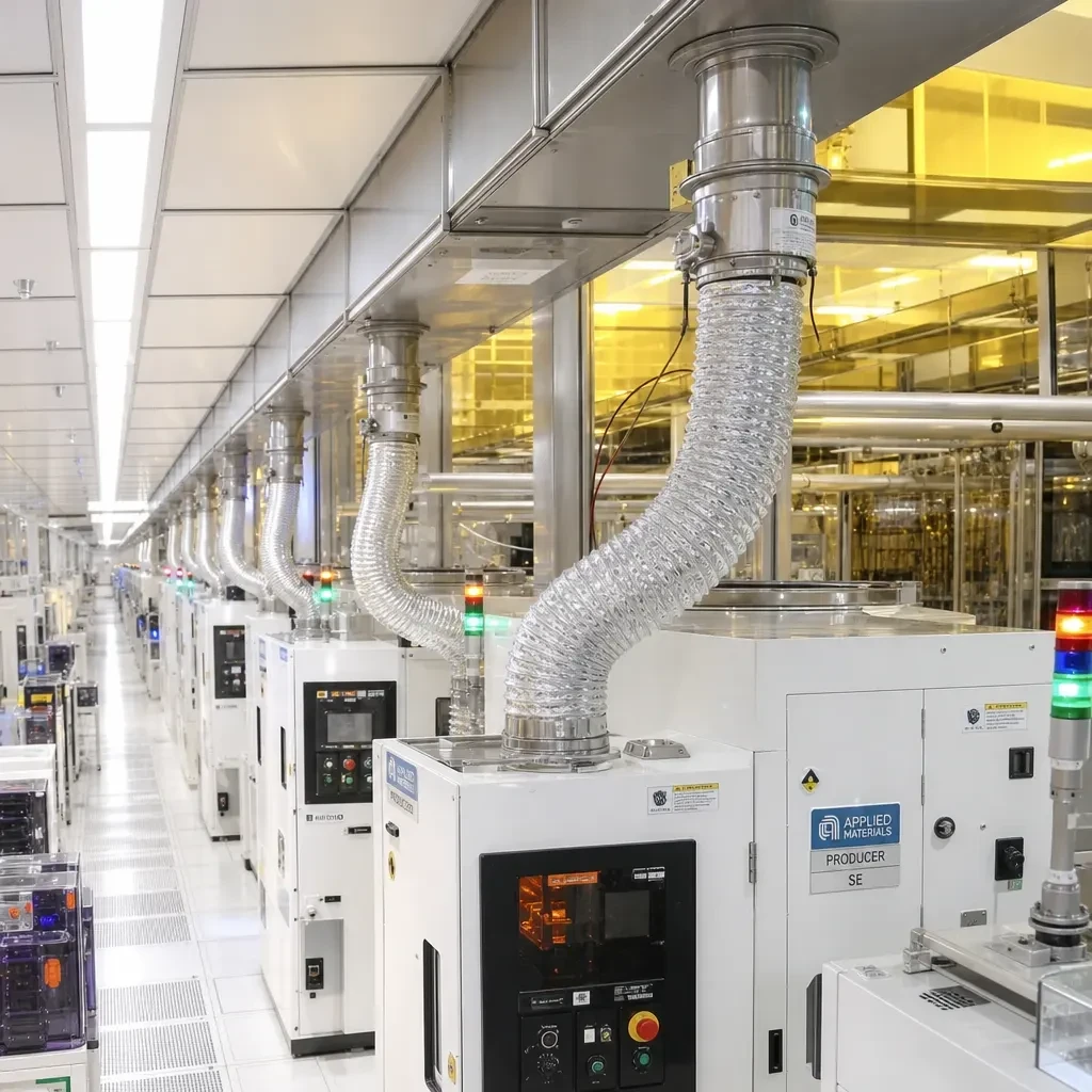 Double-layer aluminum foil flexible ducts extracting exhaust from semiconductor process tools in a wafer fab