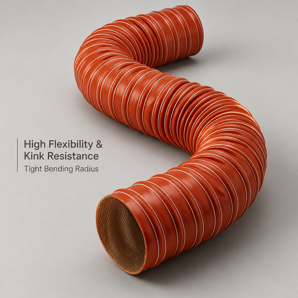 Ecoosi EISD silicone ducting bent into a tight S-curve demonstrating high flexibility and kink resistance