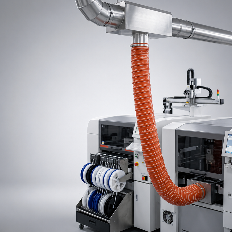 ECOOSI silicone hose installed in lithium battery workshop connecting to industrial equipment for hot air extraction