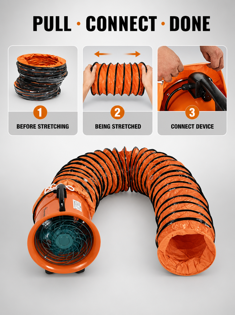 Three-step installation guide showing before stretching, being stretched, and connect device steps for PVC flexible duct