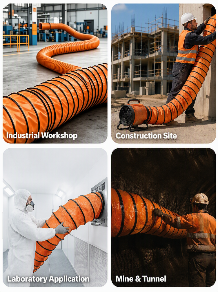 PVC flexible duct applications in industrial workshop, construction site, laboratory, and mine tunnel
