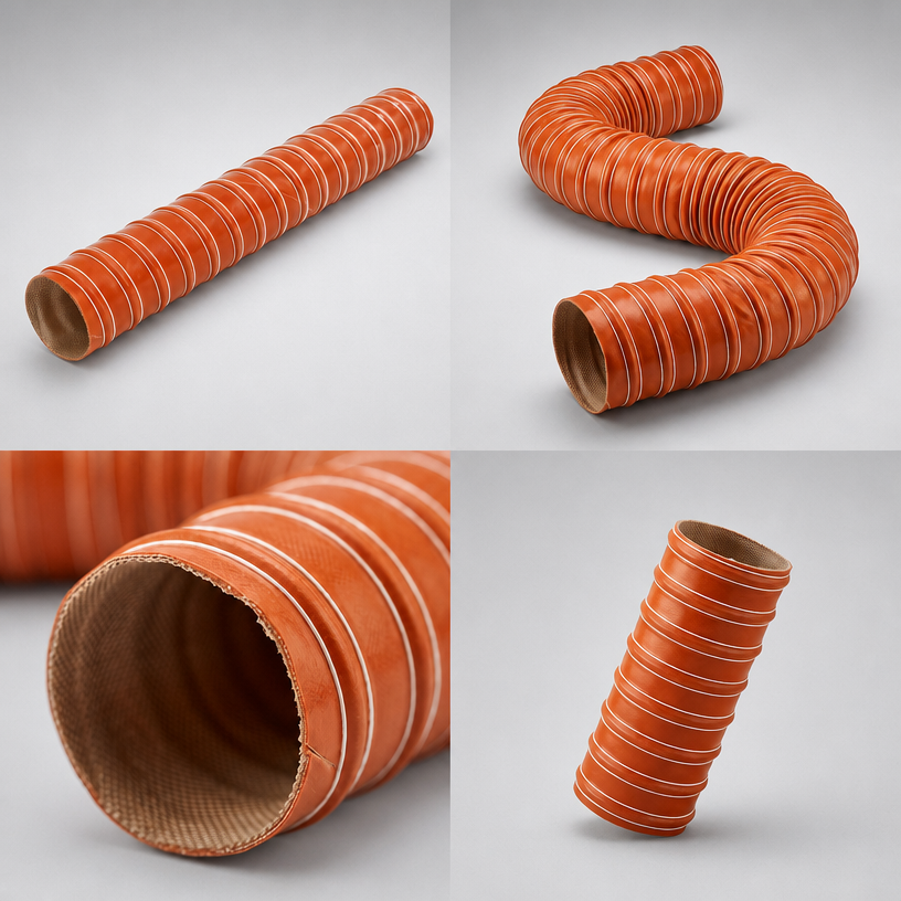 ECOOSI high-temperature silicone hose product detail showing double-layer fiberglass structure and spiral steel wire reinforcement