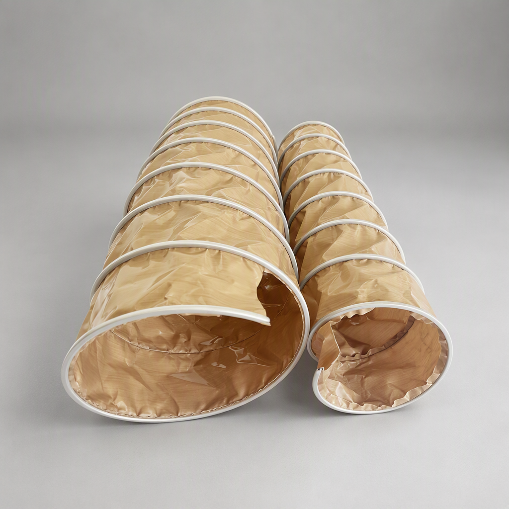 Different Size PTFE Ducting - two sizes of beige PTFE duct with white steel wire helix