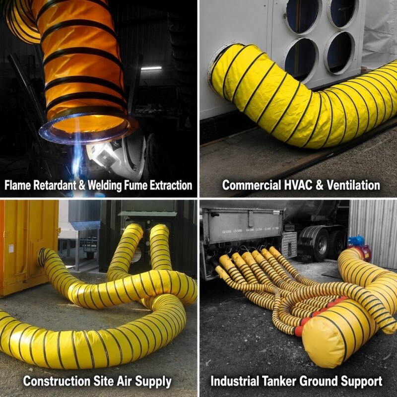 Flexible Ducting application scenarios - Flame Retardant, Commercial HVAC, Construction Site Air Supply, Industrial Tanker Ground Support