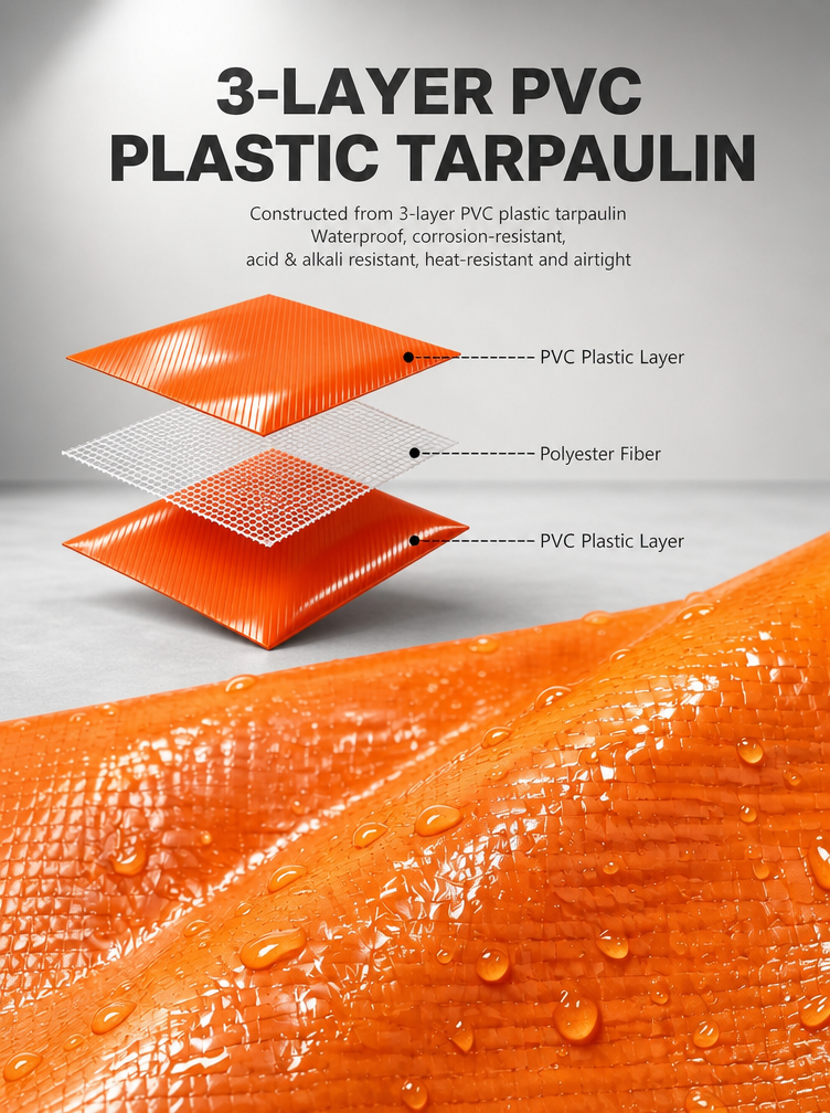 3-layer PVC plastic tarpaulin structure showing PVC plastic layer, polyester fiber reinforcement layer, and outer PVC plastic layer