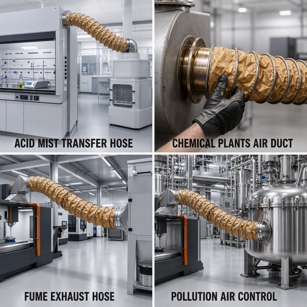 PTFE Ducting application scenarios - Acid Mist Transfer Hose, Chemical Plants Air Duct, Fume Exhaust Hose, Pollution Air Control