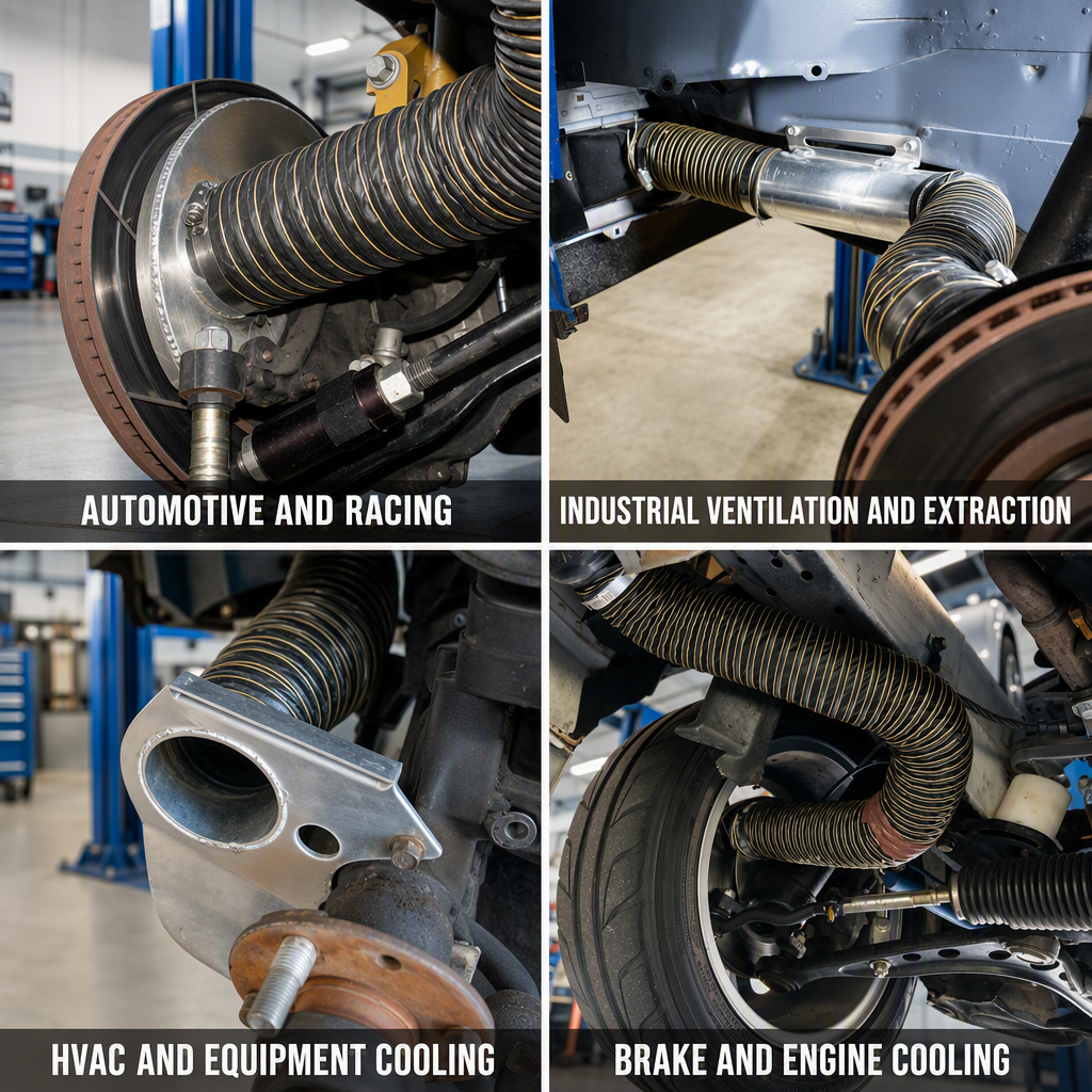 Neoprene Ducting application scenarios - Automotive and Racing, Industrial Ventilation and Extraction, HVAC and Equipment Cooling, Brake and Engine Cooling