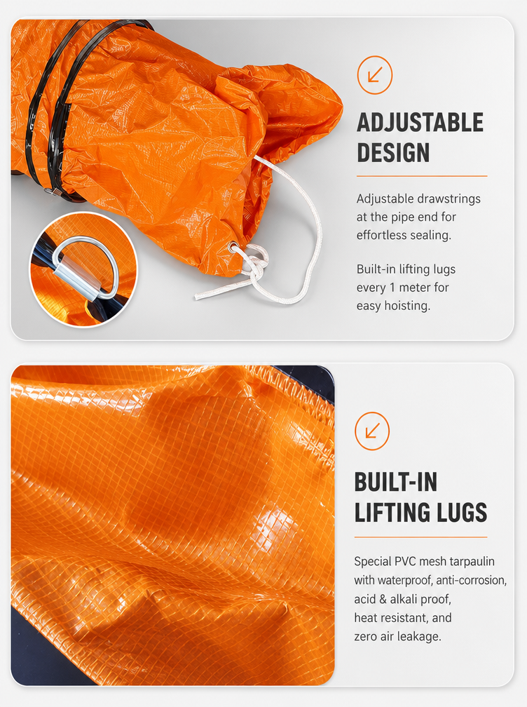 Adjustable drawstrings and built-in lifting lugs on PVC coated flexible duct for easy hoisting and sealing