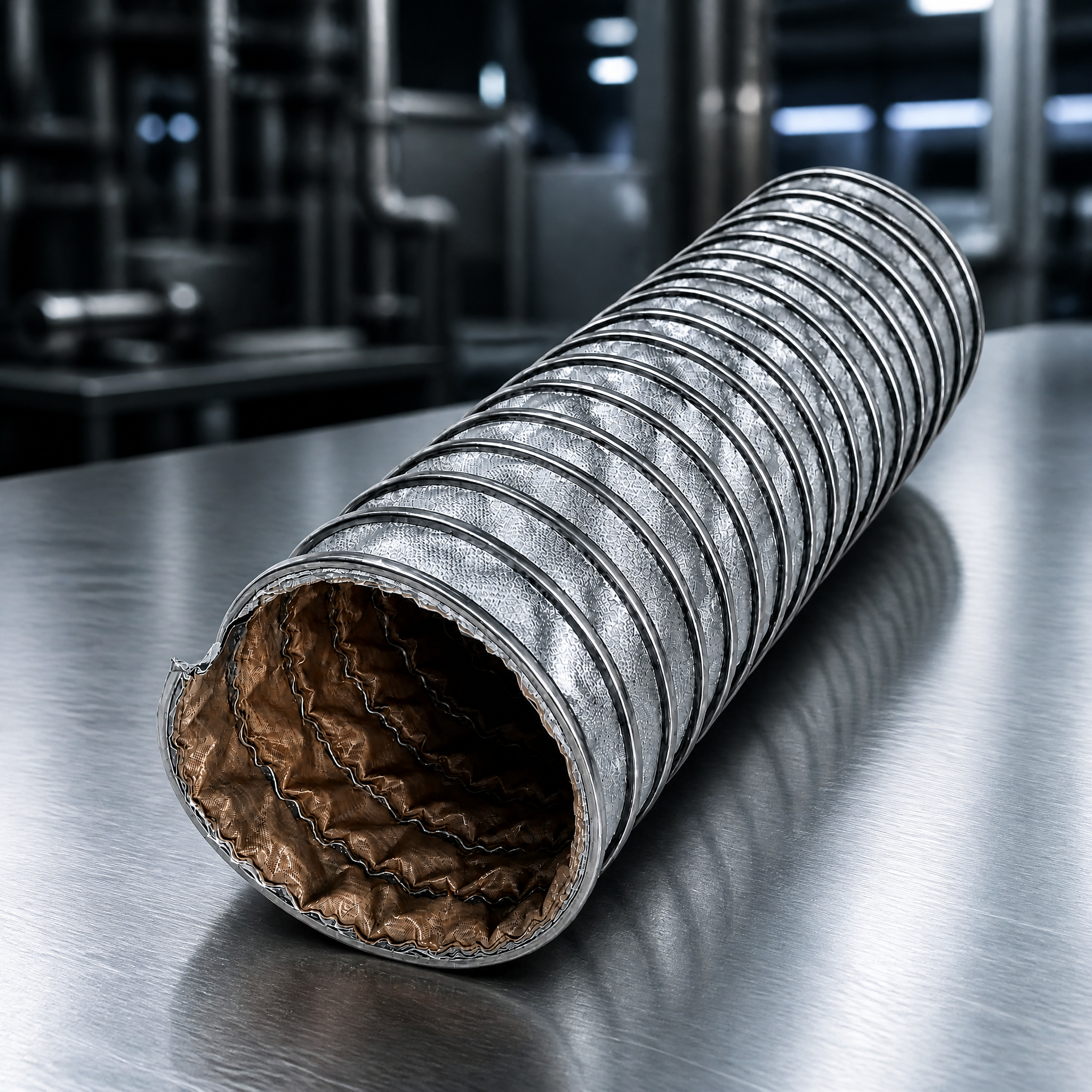 800 Degrees High Temp Duct - silver insulated duct with brown inner lining on stainless steel table