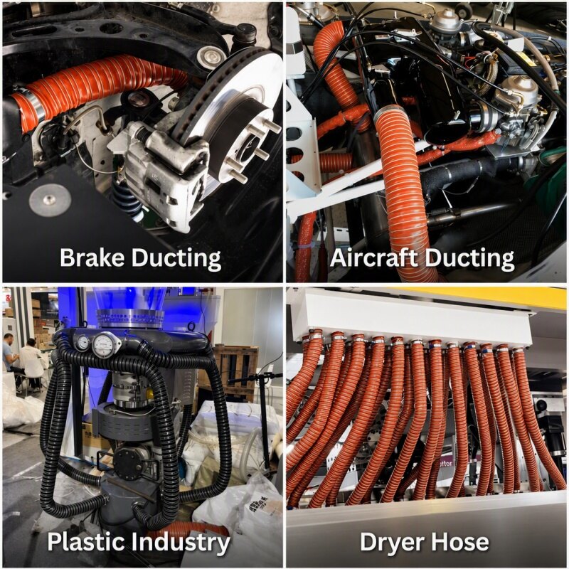 Silicone Ducting application scenarios - Brake Ducting, Aircraft Ducting, Plastic Industry, Dryer Hose
