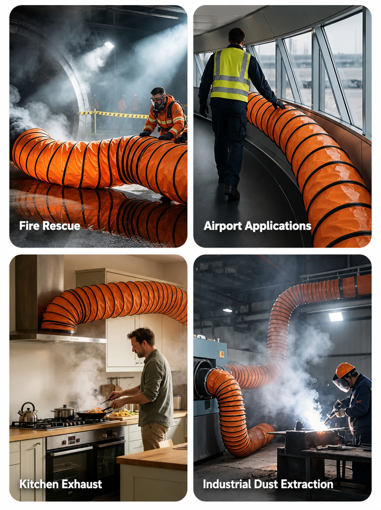 PVC flexible duct applications in fire rescue, airport, kitchen exhaust, and industrial dust extraction
