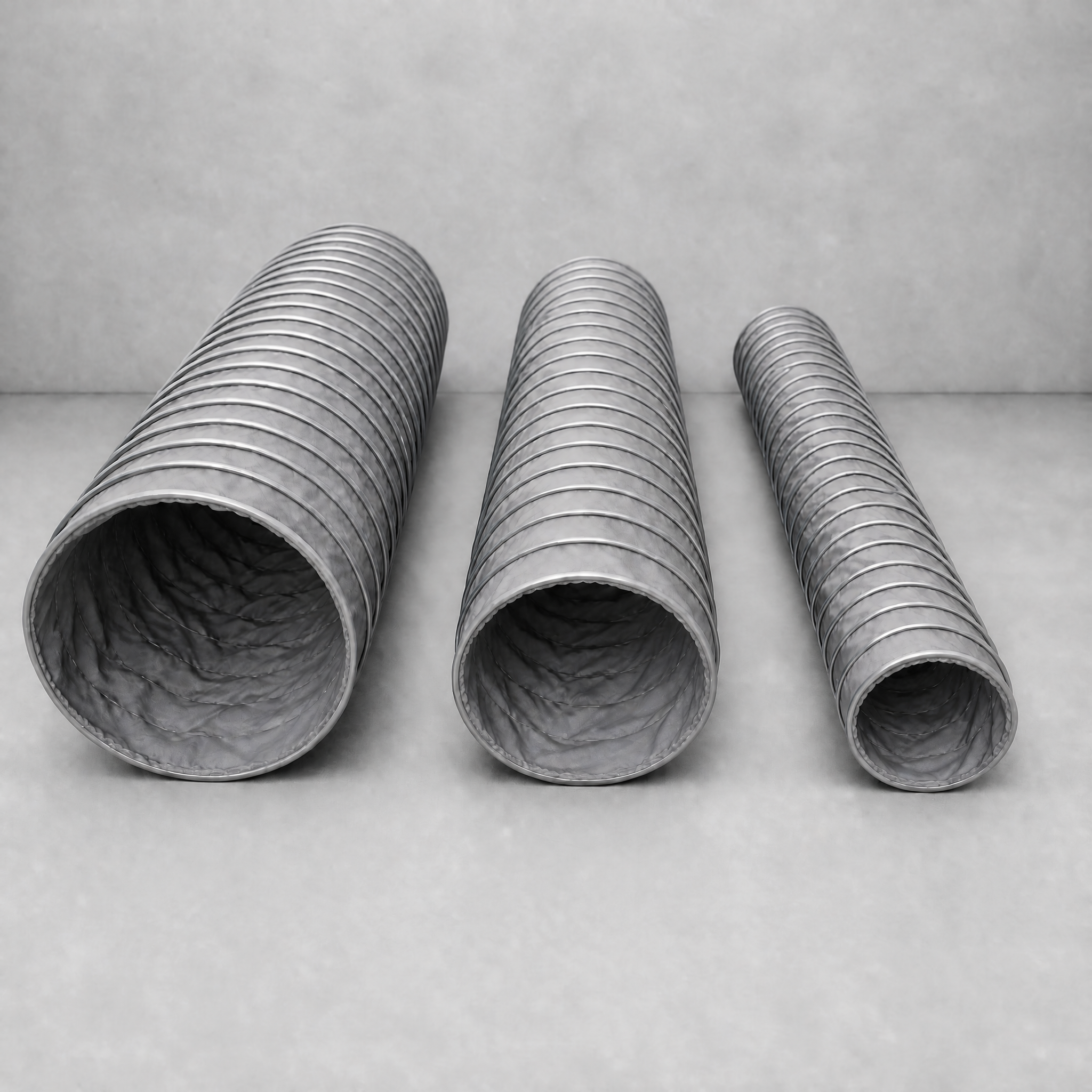 Different Sizes High Temp Duct - three grey high-temperature ducts in different diameters