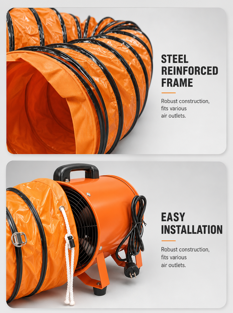 Steel reinforced frame and easy installation features of PVC coated flexible duct connected to portable fan