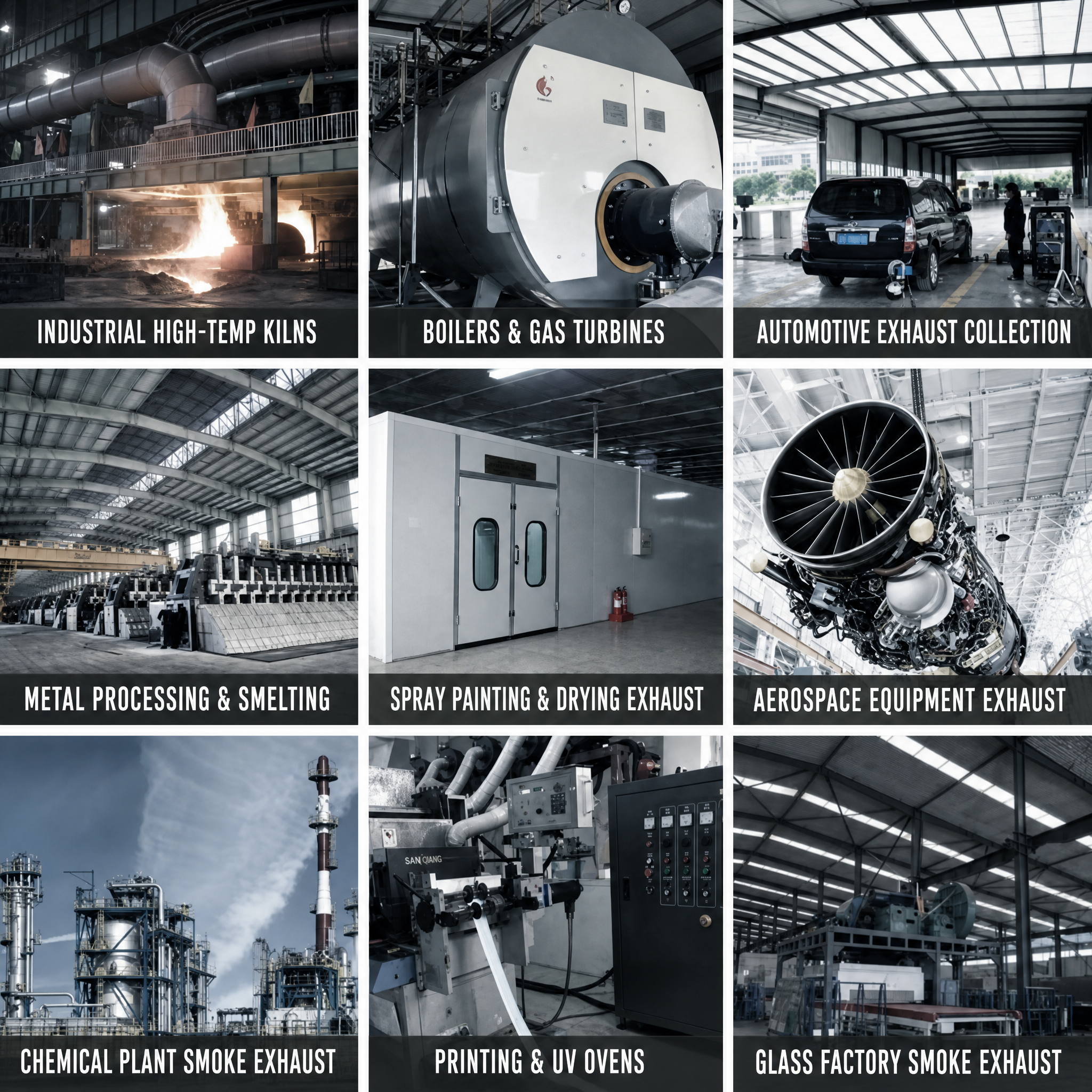High Temperature Ducting application scenarios - Industrial High-Temp Kilns, Boilers & Gas Turbines, Automotive Exhaust Collection, Metal Processing & Smelting, Spray Painting & Drying Exhaust, Aerospace Equipment Exhaust, Chemical Plant Smoke Exhaust, Printing & UV Ovens, Glass Factory Smoke Exhaust