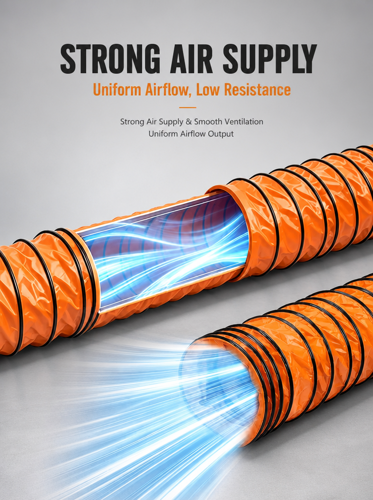 PVC coated flexible duct showing strong air supply with uniform airflow and low resistance