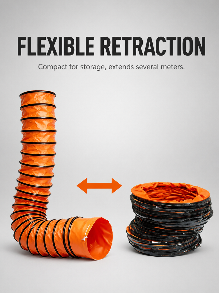 Flexible retraction feature showing PVC duct compact for storage and extending several meters