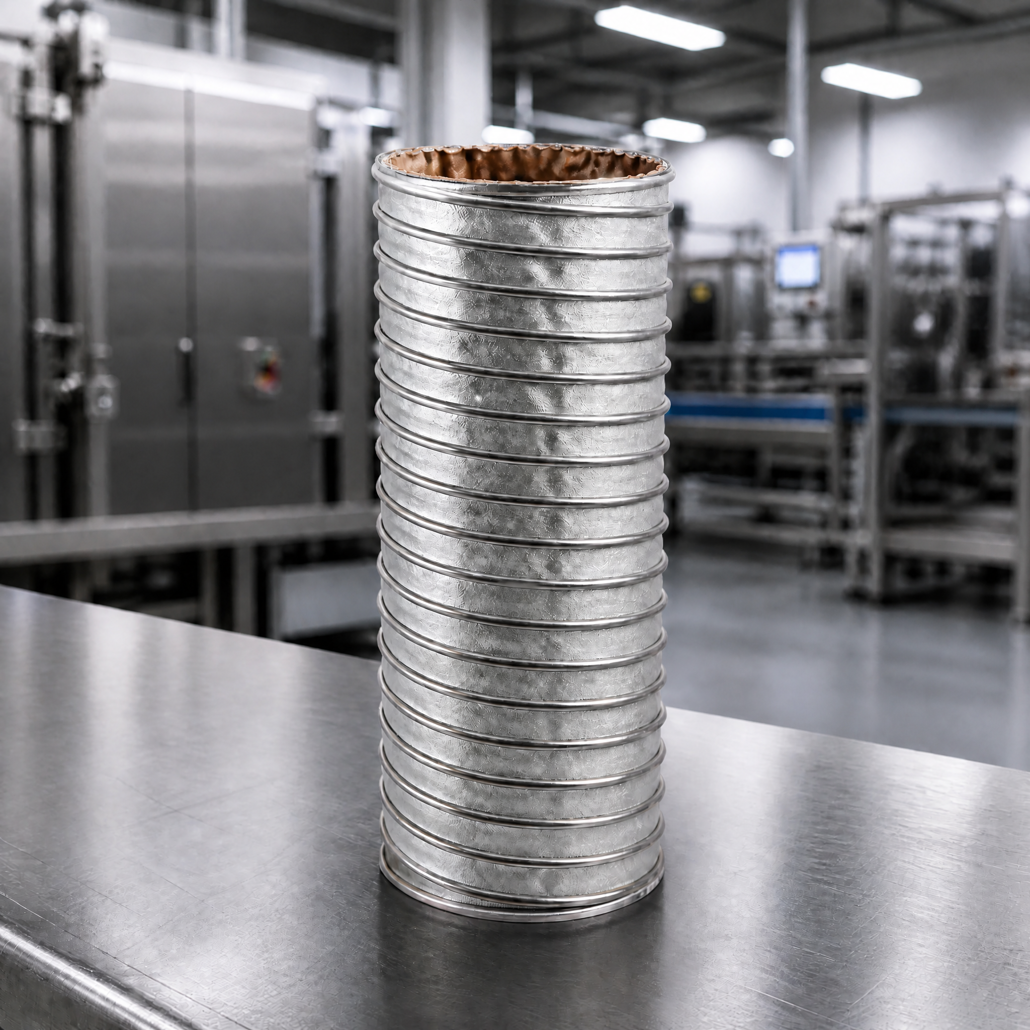 SS High Temp Duct - stainless steel high temperature duct standing upright in factory