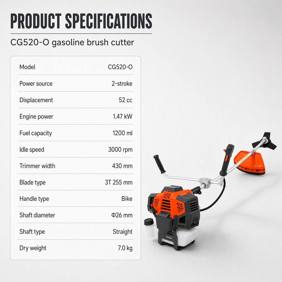 CG520-O 52cc 2-Stroke Gasoline Brush Cutter 1.47kW Grass Trimmer Bike Handle Straight Shaft 430mm for Orchard Garden