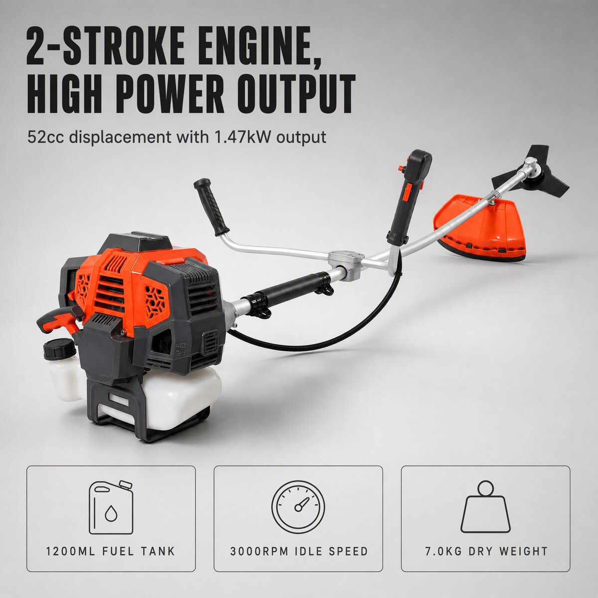 CG520-O 52cc 2-Stroke Gasoline Brush Cutter 1.47kW Grass Trimmer Bike Handle Straight Shaft 430mm for Orchard Garden 5