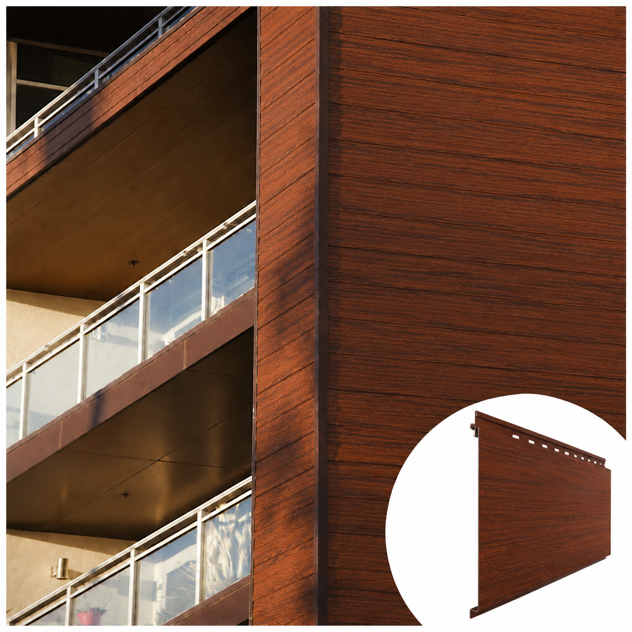 Wood grain aluminum siding on modern building facade