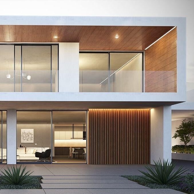 Contemporary home featuring vertical wood-tone aluminum cladding