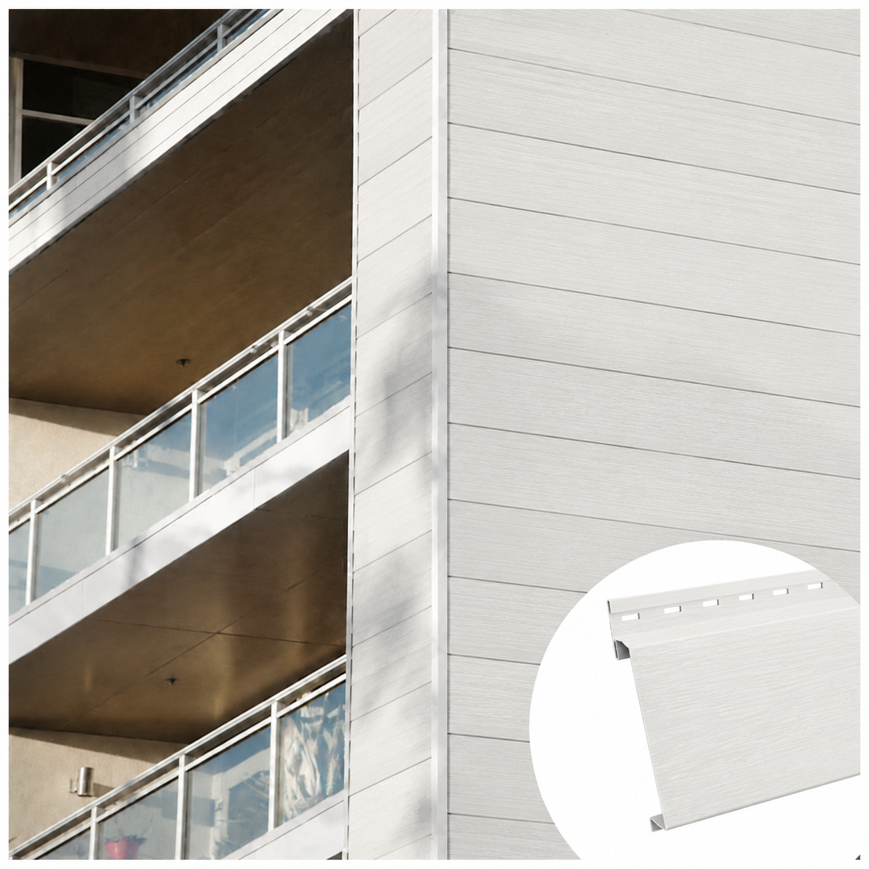 White aluminum siding installed on modern building exterior