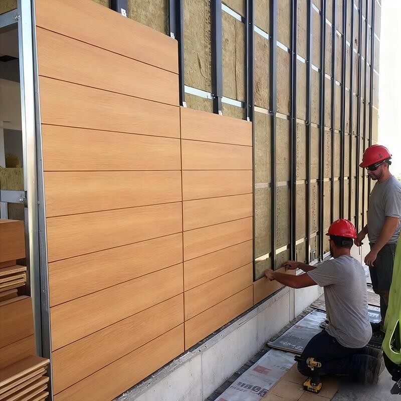 Workers installing light wood-tone aluminum siding panels